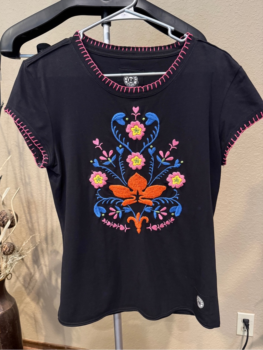 Double D Ranch Black Short Sleeve Tee with Multicolor Floral Embroidery